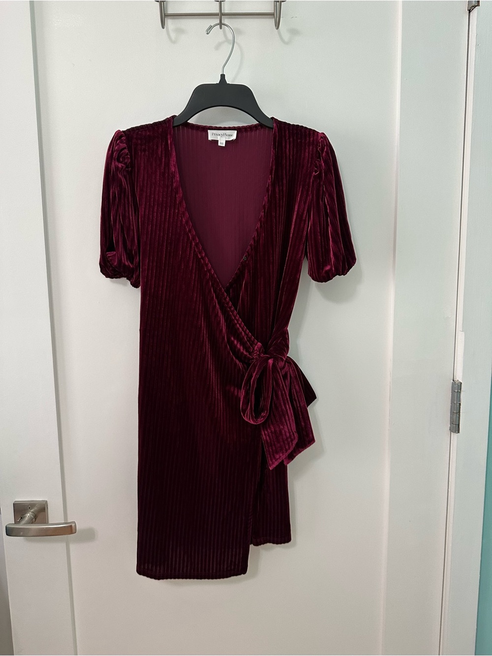 Privacy Please Ribbed Velvet Wrap Mini Dress in Burgundy, Size XS